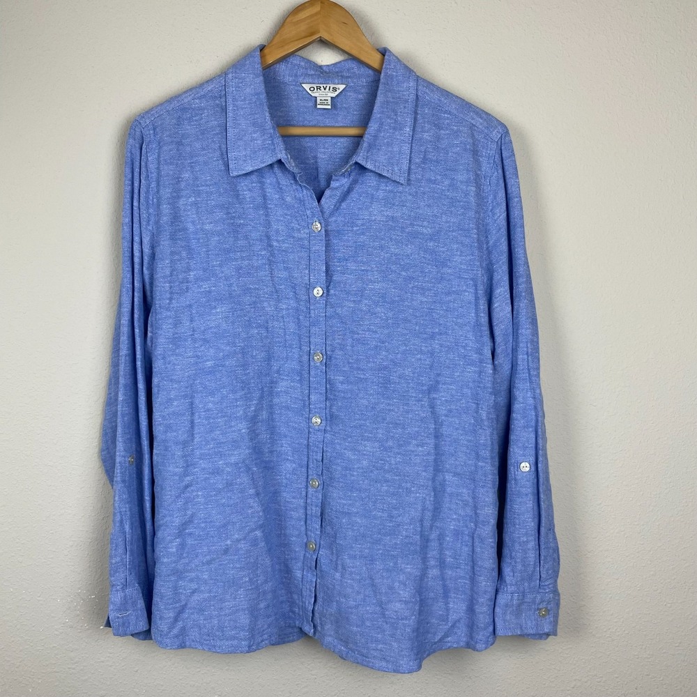 Orvis Women's Long Sleeve Button-Up Shirt Sz XL Blue Linen Blend Coastal Preppy